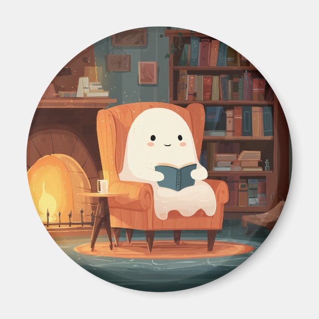 Cute Ghost Reading By A Cosy Fireplace - Magnet (Front)