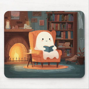 Cute Ghost Reading By A Cosy Fireplace - Mousepad