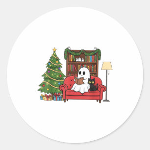 Cute Ghost Reading Christmas, Christmas Ghost Book Classic Round Sticker