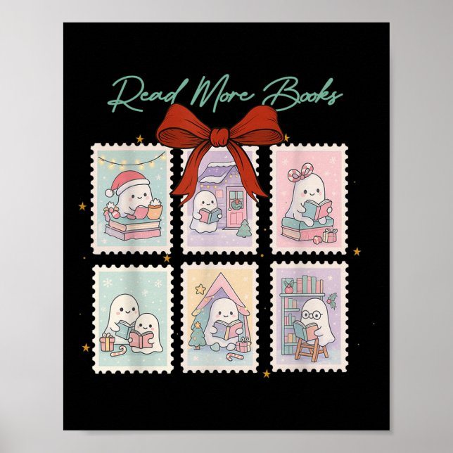 Cute Ghost Reading Christmas Stamps Xmas Read More Poster (Front)
