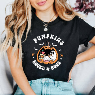 Cute Ghost Reading “Pumpkins Books & Boos” Retro  T-Shirt
