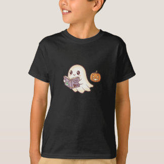 Cute Ghost Reading Spooky Book Halloween Cartoon T-Shirt