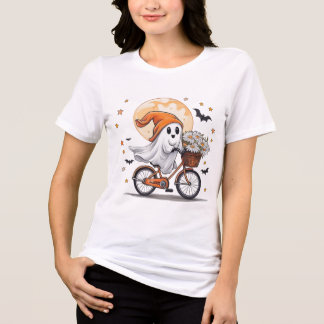 Cute Ghost Riding Bicycle Halloween T-Shirt – Fun Tri-Blend Shirt