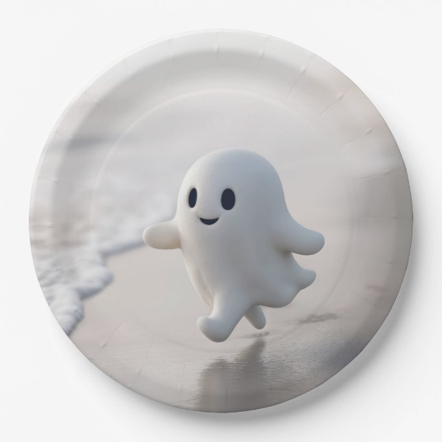 Cute Ghost Running On a Beach Paper Plate (Front)