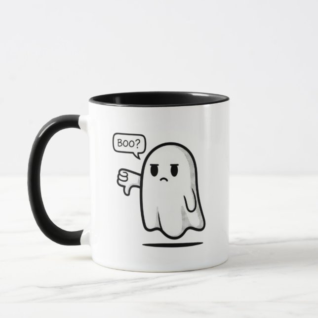 Cute Ghost Saying “Boo?” – Funny Minimal Spooky  Mug (Left)