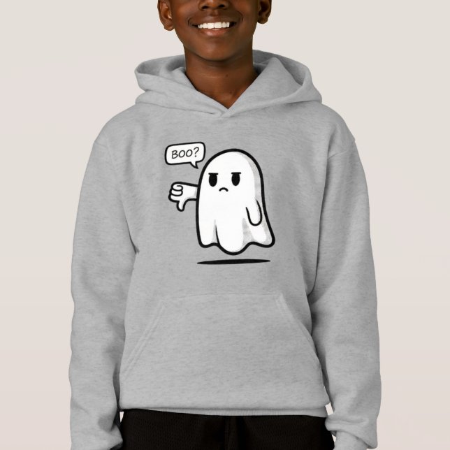 Cute Ghost Saying ‘Boo?’ – Kids Halloween Pullover (Front)