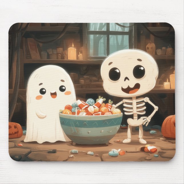 Cute Ghost & Skeleton With Candy Bowl - Mousepad (Front)