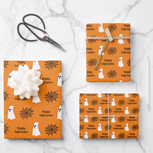 Cute Ghost, Spiderweb & "Happy Halloween" pattern Wrapping Paper Sheet (Front)