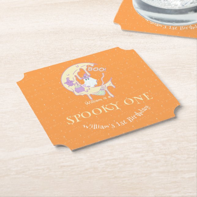 Cute Ghost Spooky One Boy Halloween 1st Birthday Paper Coaster (Angled)