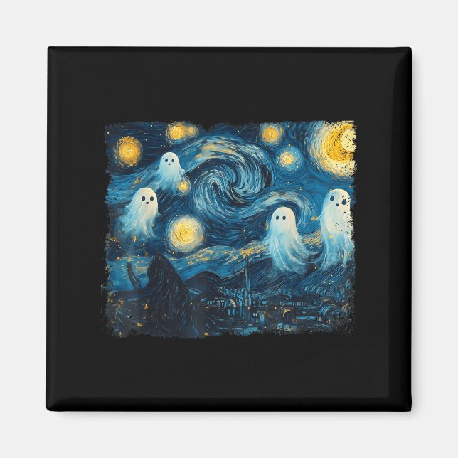 Cute Ghost Starry Night Halloween Soky Retro Van G Magnet (Front)