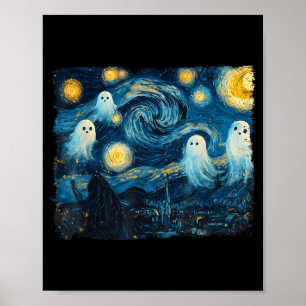 Cute Ghost Starry Night Halloween Soky Retro Van G Poster