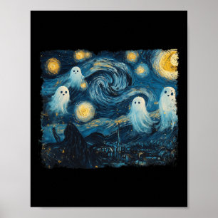 Cute Ghost Starry Night Halloween Spooky Retro Van Poster