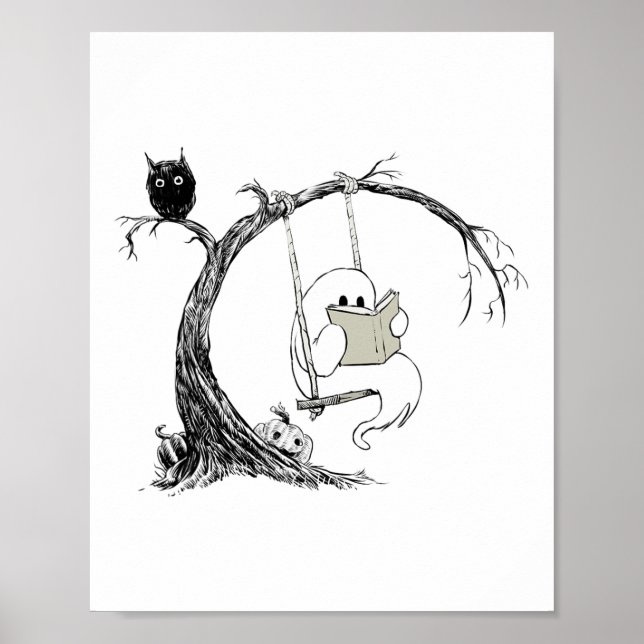 Cute Ghost Swinging Reading Book Halloween Ghost C Poster (Front)