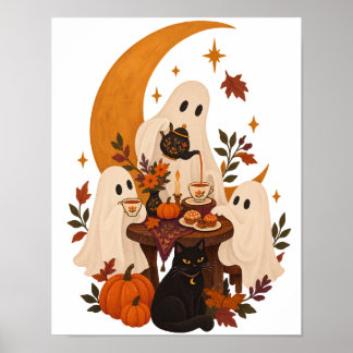 Cute Ghost Tea Party Black Cat Crescent Moon Poster