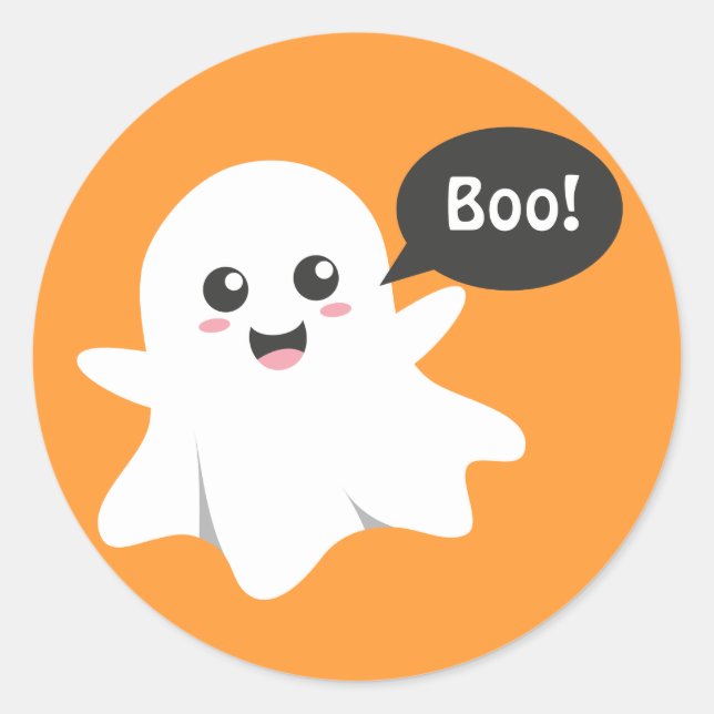 Cute Ghost that Goes Boo, Happy Halloween Classic Round Sticker (Front)