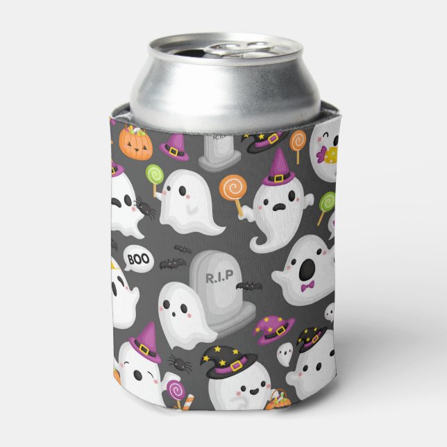 Cute Ghost, Tomb Stones, Bats and Witches Hats  Can Cooler (Can Front)