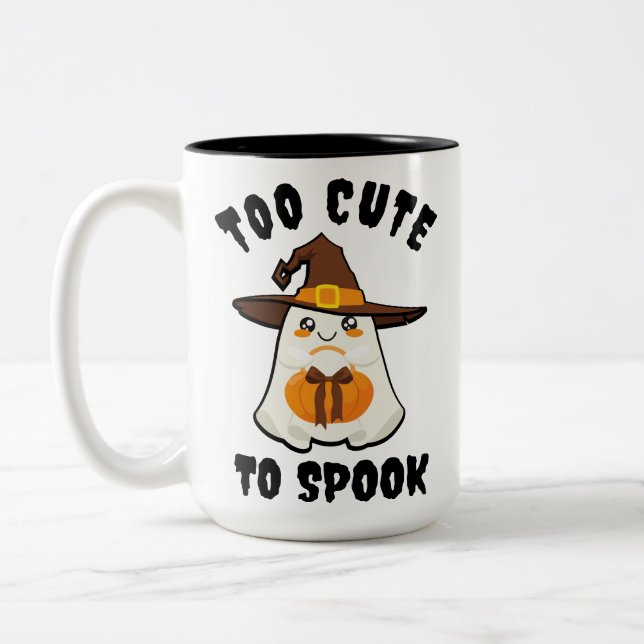 Cute Ghost Too Cute to Spook Cartoon Halloween Fun Two-Tone Coffee Mug (Left)
