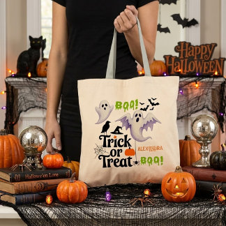 Cute Ghost Trick or Treat Custom Name Halloween Tote Bag