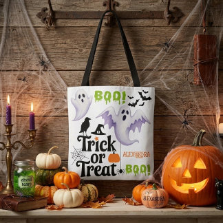 Cute Ghost Trick or Treat Custom Name Halloween Tote Bag