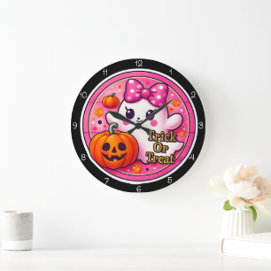 Cute Ghost Trick Or Treat Fun Large Clock