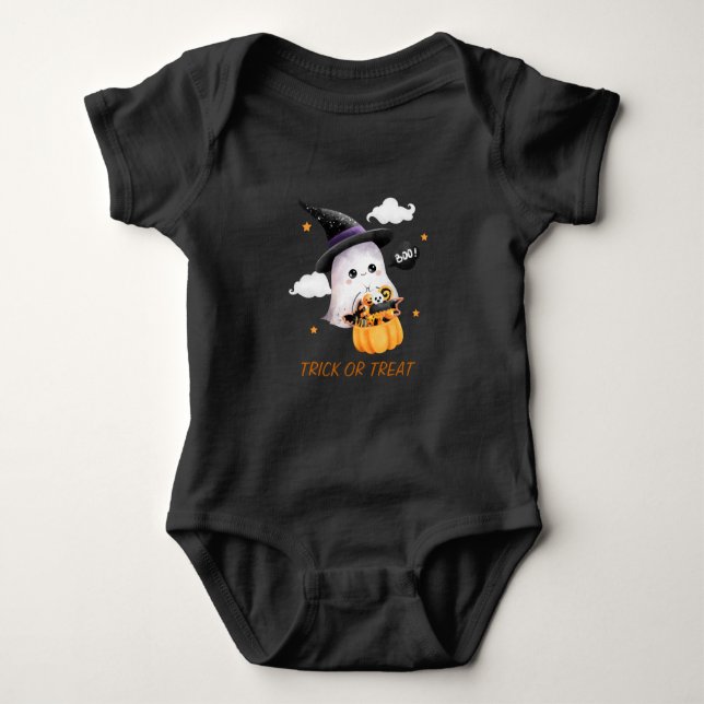 Cute Ghost Trick or Treat Kids Halloween Baby Bodysuit (Front)