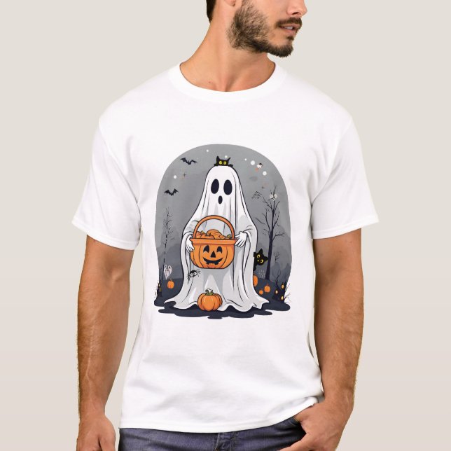 Cute Ghost Trick or treating for Halloween T-Shirt (Front)