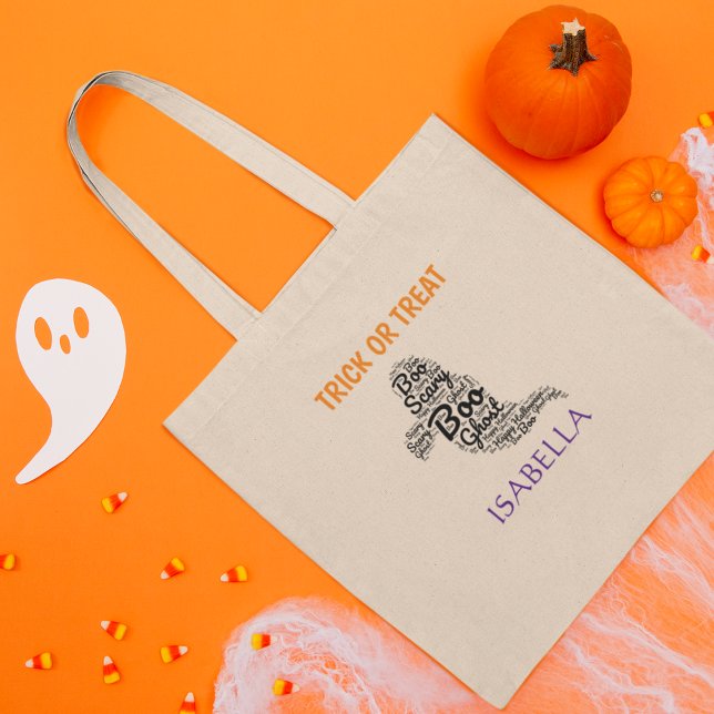 Cute Ghost Typography Trick or Treat Tote Bag (Boooo!
Editable Text and Name.
Happy Halloween!)