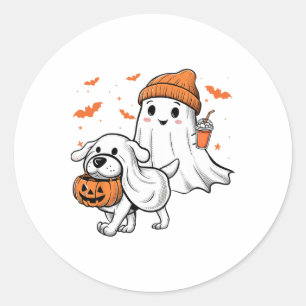 Cute Ghost Walking Dog Coquette Bow Halloween Dog Classic Round Sticker