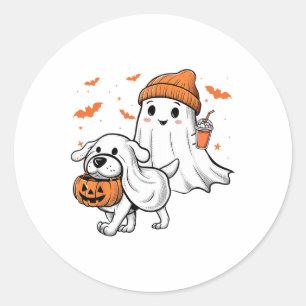 Cute Ghost Walking Dog Coquette Bow Halloween Dog  Classic Round Sticker