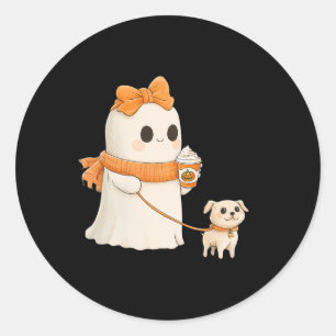 Cute Ghost Walking Dog Coquette Bow Halloween Dog  Classic Round Sticker