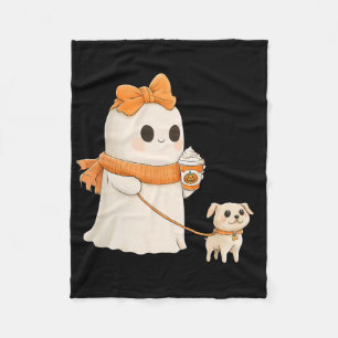 Cute Ghost Walking Dog Coquette Bow Halloween Dog  Fleece Blanket