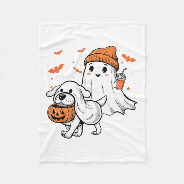 Cute Ghost Walking Dog Coquette Bow Halloween Dog  Fleece Blanket (Front)