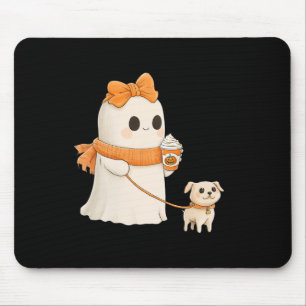 Cute Ghost Walking Dog Coquette Bow Halloween Dog Mouse Pad