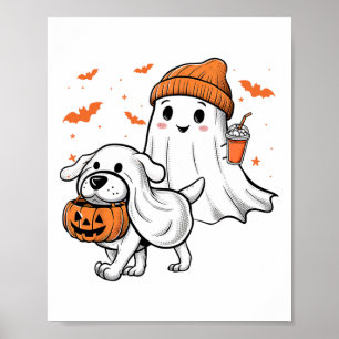 Cute Ghost Walking Dog Coquette Bow Halloween Dog  Poster