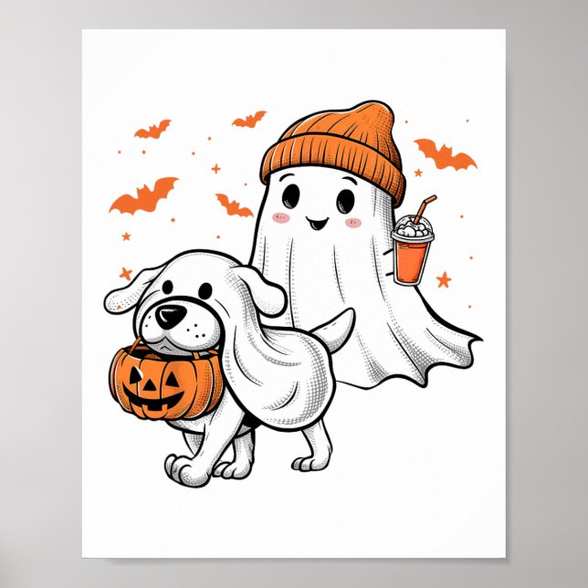 Cute Ghost Walking Dog Coquette Bow Halloween Dog  Poster (Front)