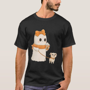 Cute Ghost Walking Dog Coquette Bow Halloween Dog T-Shirt