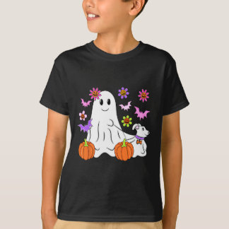 Cute Ghost Walking Dog Floral Pumpkin Pet Lover Ha T-Shirt