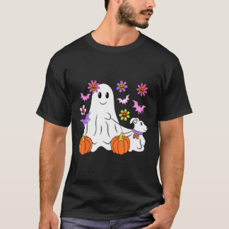 Cute Ghost Walking Dog Floral Pumpkin Pet Lover Ha T-Shirt