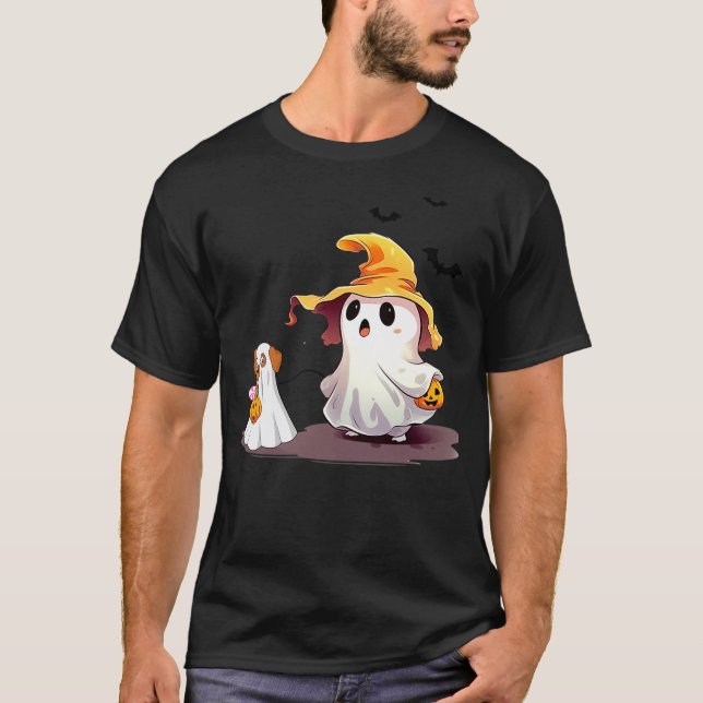 Cute Ghost Walking Dog Ghost Dog Halloween Night F T-Shirt (Front)