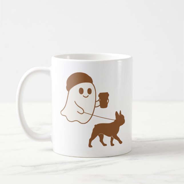 Cute Ghost Walking Frenchie Coffee Mug (Left)