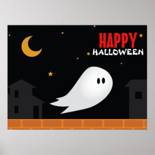 Cute ghost wandering in streets at night poster