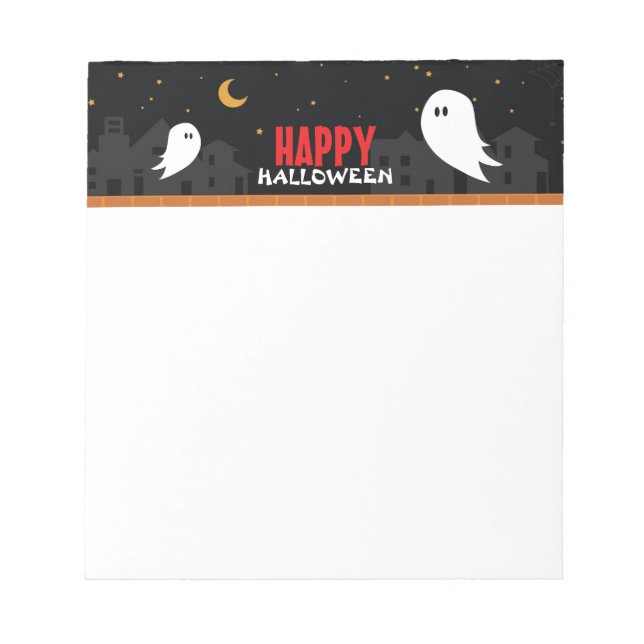 Cute ghost wandering in town halloween night notepad (Front)