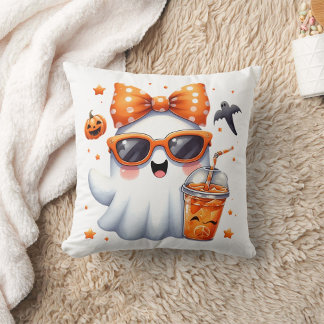 cute ghost wearing orange sunglasses and hair bow cushion