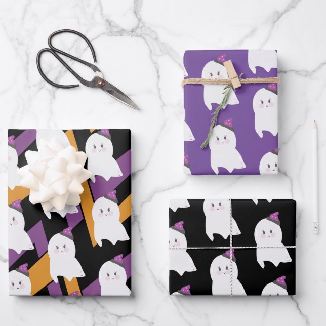 Cute Ghost Witch Hat Halloween Theme Wrapping Paper Sheet (Front)