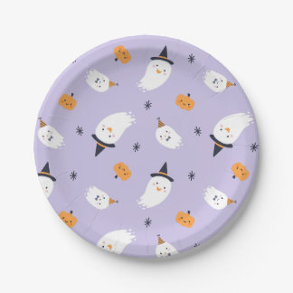 Cute Ghost Witch Hat Pumpkins Purple Party Paper Plate
