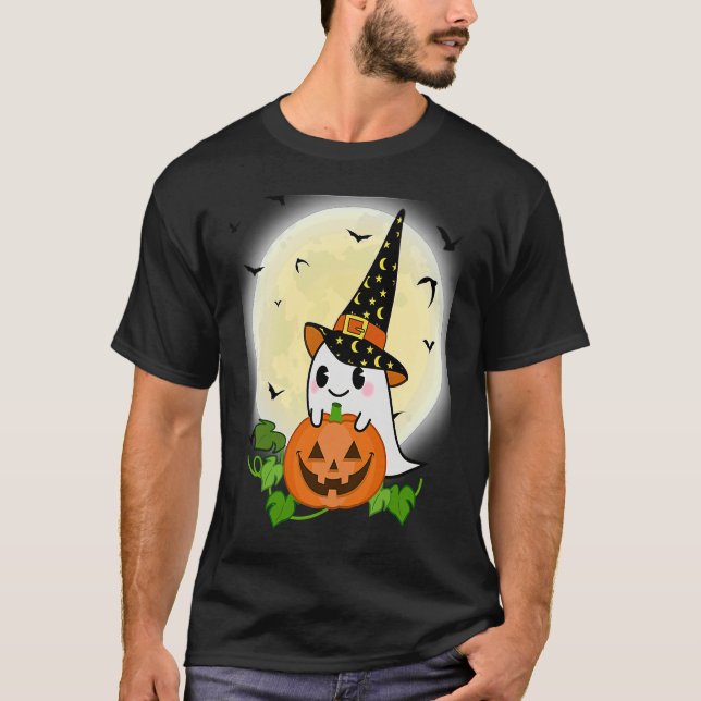 Cute Ghost Witch With Pumpkin and Full Moon Hallow T-Shirt (Front)