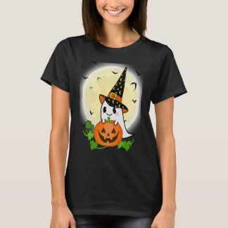 Cute Ghost Witch With Pumpkin and Full Moon Hallow T-Shirt