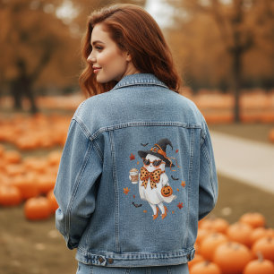 Cute Ghost Witch with Pumpkin Spice Latte Denim Jacket