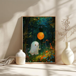 Cute Ghost with a Balloon Enchanted Halloween Poster