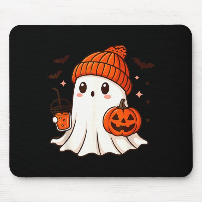 Cute Ghost with Beanie Holding Pumpkin Coffee Mouse Pad (Front)
